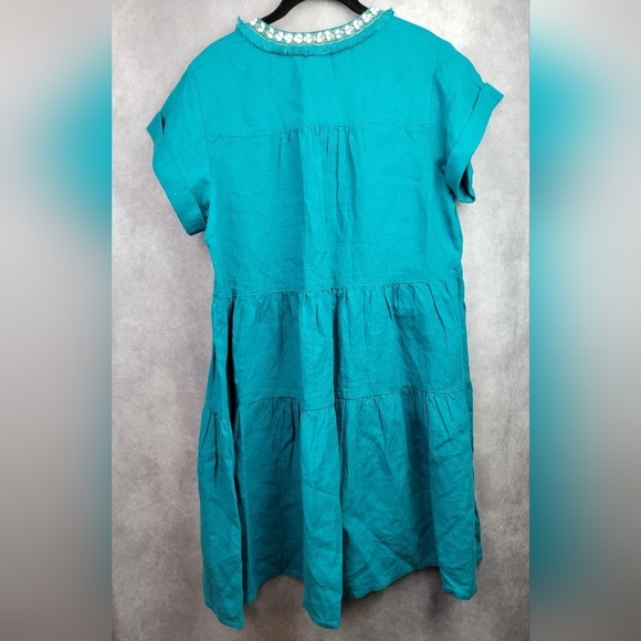 Chico's Women's Ecru 100% Linen Embellished Cap Sleeve Dress Sz 10 - Picture 12 of 15